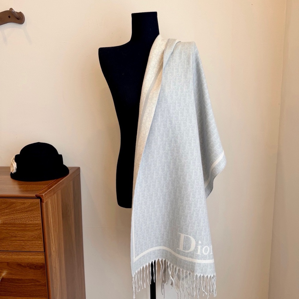Dior Light Gray & Cream Logo Fringe Wrap